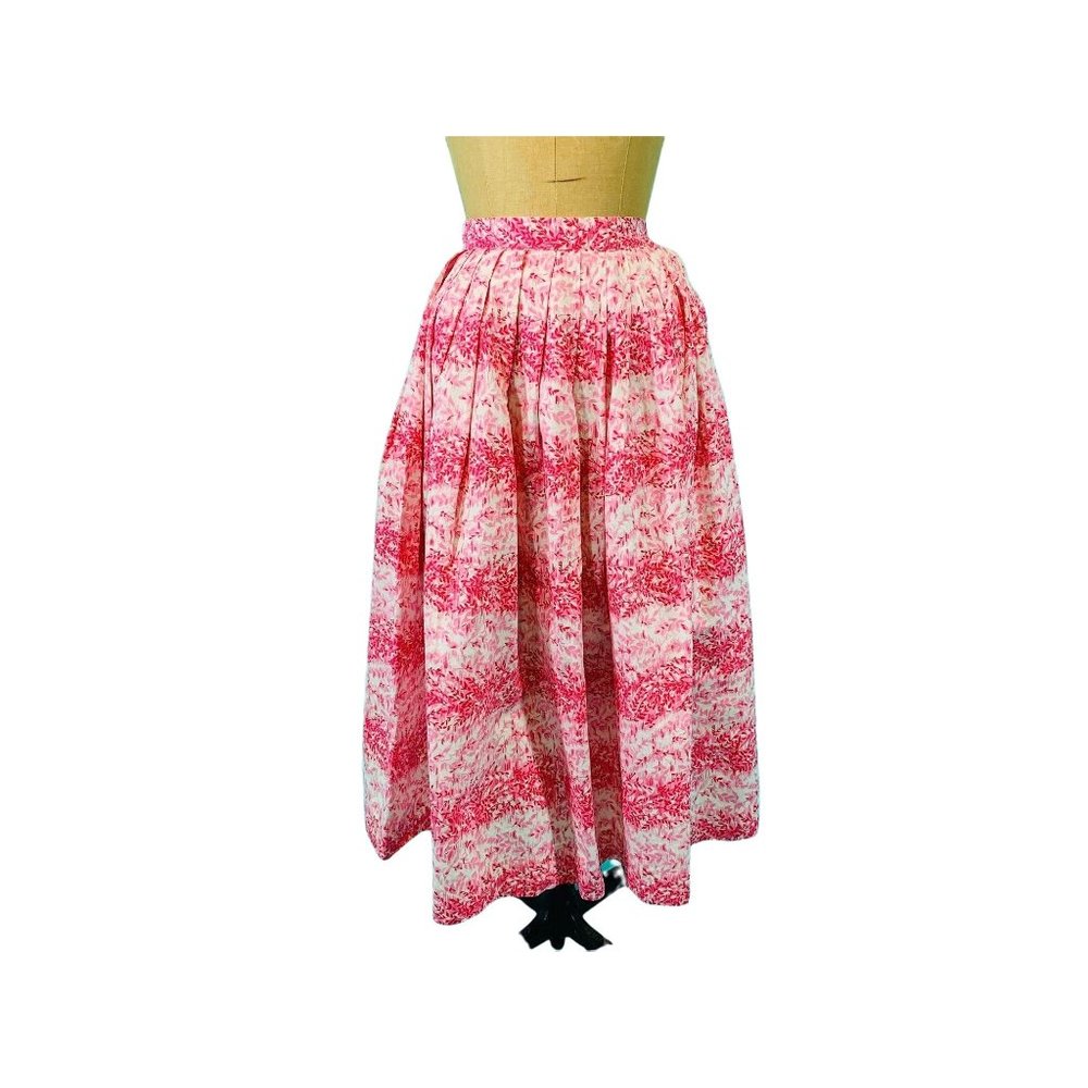 Vintage 50s Pink Skirt Womens XXS Cotton Full Skirt Floral Leaf Print Striped - Picture 1 of 9